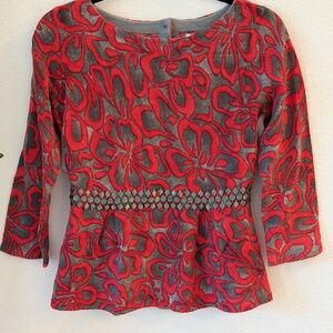 Tabitha Anthropologie 100% Wool Floral Embellished Red Gray Top
